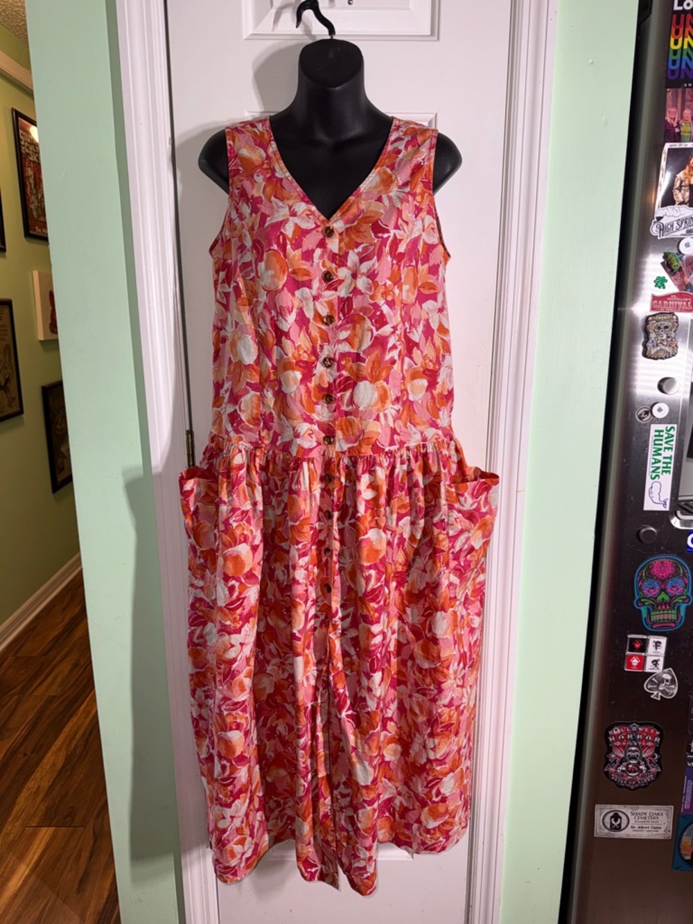 Laura Ashley Pink Vintage Floral Print Sleeveless Button-Front Maxi Dress Size 8